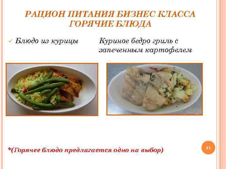 РАЦИОН ПИТАНИЯ БИЗНЕС КЛАССА ГОРЯЧИЕ БЛЮДА ü Блюдо из курицы Куриное бедро гриль с