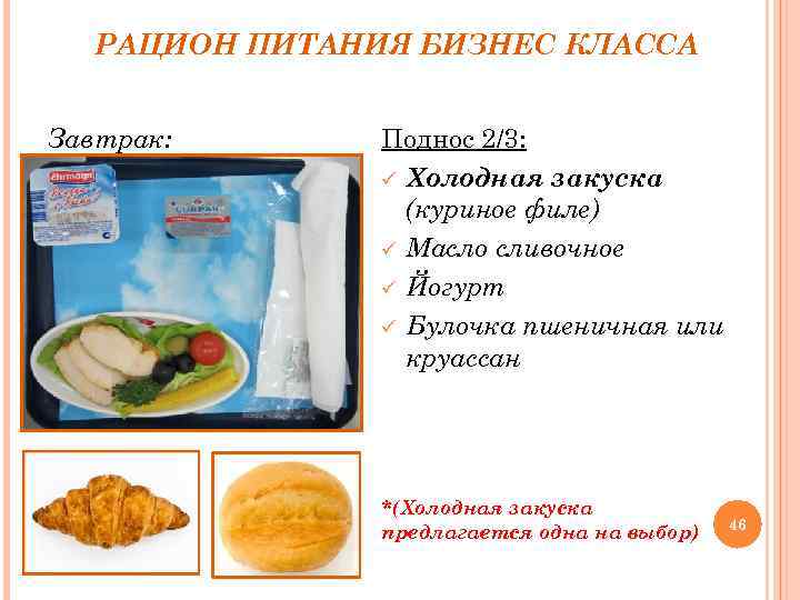 РАЦИОН ПИТАНИЯ БИЗНЕС КЛАССА Завтрак: Поднос 2/3: ü Холодная закуска (куриное филе) ü Масло