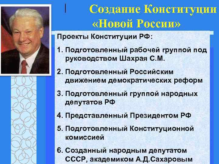  | Создание Конституции «Новой России» Проекты Конституции РФ: 1. Подготовленный рабочей группой под
