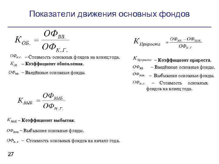 Показатели движения основных фондов – Стоимость основных фондов на конец года. – Коэффициент обновления.