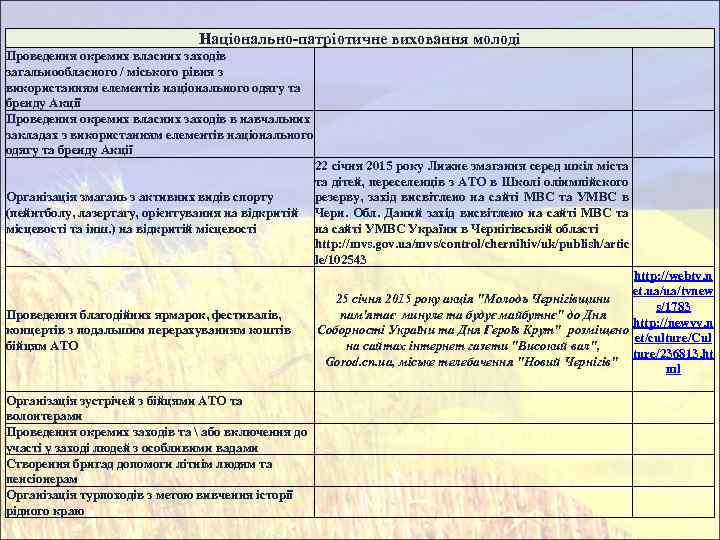 Національно-патріотичне виховання молоді Проведення окремих власних заходів загальнообласного / міського рівня з використанням елементів