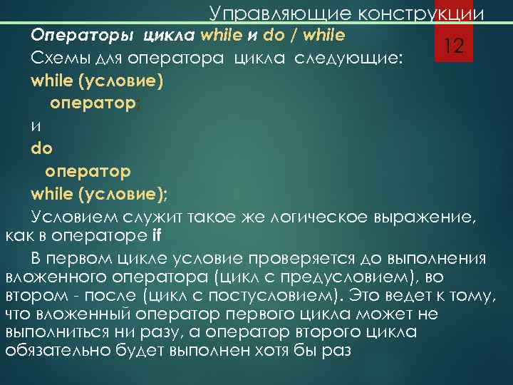 Управляющие конструкции Операторы цикла whilе и do / while 12 Схемы для оператора цикла