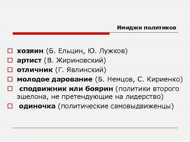 Имиджи политиков хозяин (Б. Ельцин, Ю. Лужков) артист (В. Жириновский) отличник (Г. Явлинский) молодое