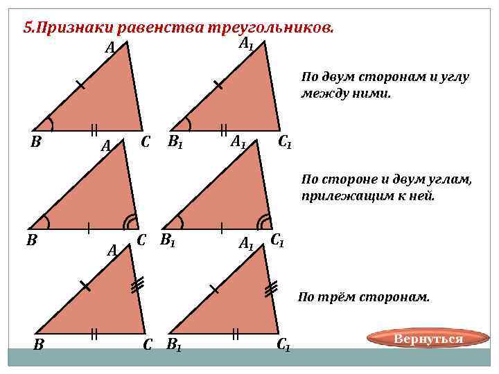 5. Признаки равенства треугольников. А₁ А По двум сторонам и углу между ними. В