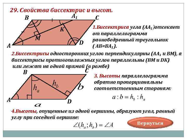 29. Свойства биссектрис и высот. А₁ В С 1. Биссектриса угла (АА₁)отсекает от параллелограмма
