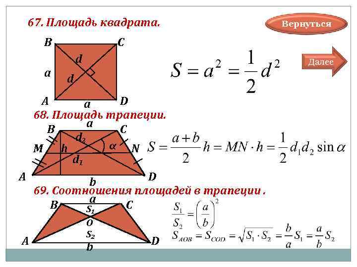 67. Площадь квадрата. В С d a Далее d А D a 68. Площадь
