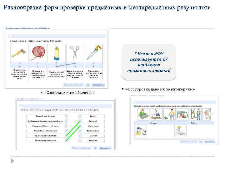 Разнообразие форм проверки предметных и метапредметных результатов * Всего в ЭФУ используется 17 шаблонов