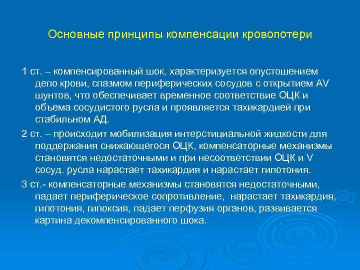 Основные принципы компенсации кровопотери 1 ст. – компенсированный шок, характеризуется опустошением депо крови, спазмом