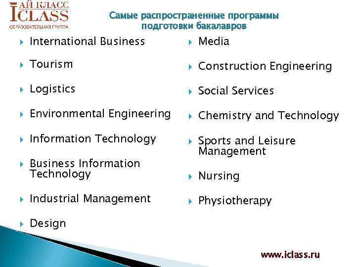 Самые распространенные программы подготовки бакалавров International Business Media Tourism Construction Engineering Logistics Social Services