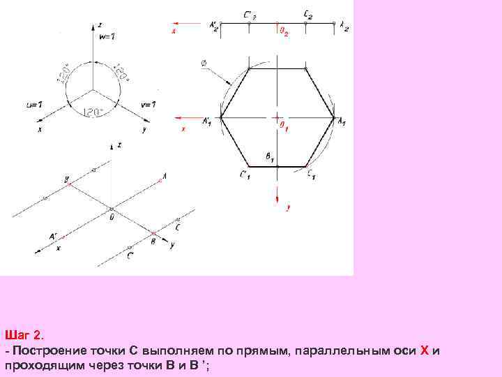 Шаг 2. - Построение точки С выполняем по прямым, параллельным оси Х и проходящим