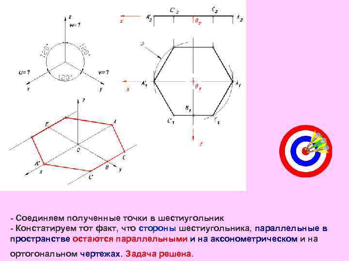 - Соединяем полученные точки в шестиугольник - Констатируем тот факт, что стороны шестиугольника, параллельные