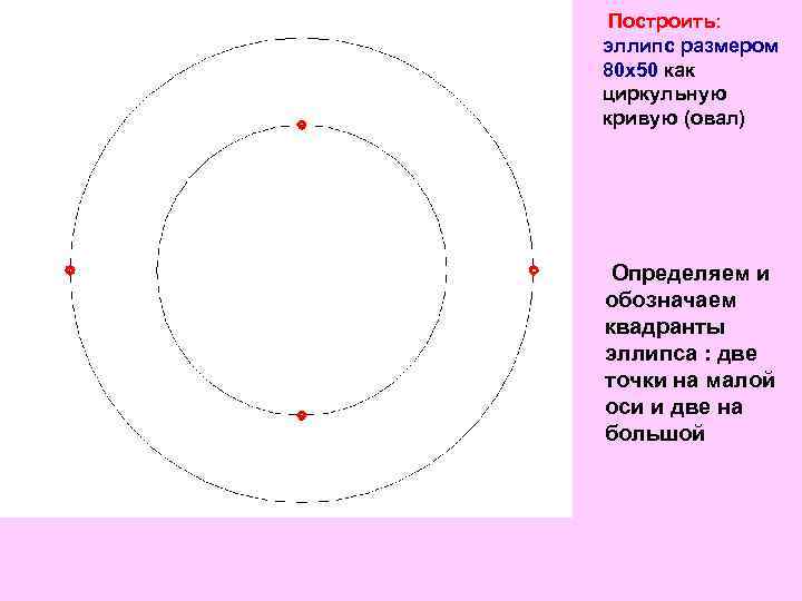 Построить: эллипс размером 80 х50 как циркульную кривую (овал) Определяем и обозначаем квадранты эллипса