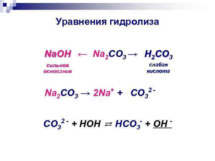 Уравнения гидролиза Na. OH ← Na 2 CO 3 → H 2 CO 3