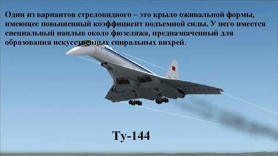 Один из вариантов стреловидного – это крыло оживальной формы, имеющее повышенный коэффициент подъемной силы.