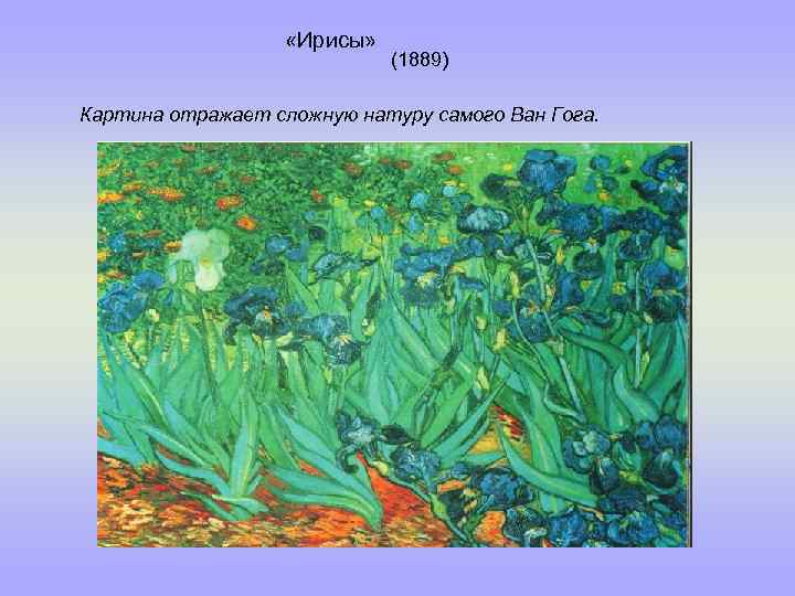  «Ирисы» (1889) Картина отражает сложную натуру самого Ван Гога. 