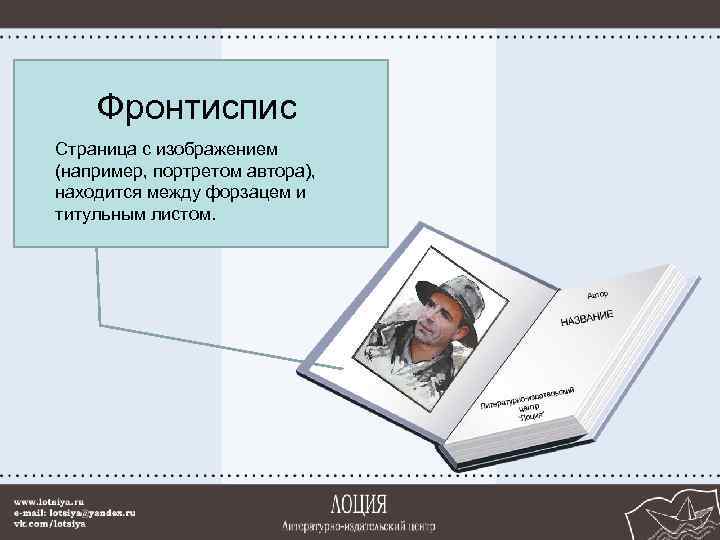 Фронтиспис Страница с изображением (например, портретом автора), находится между форзацем и титульным листом. 