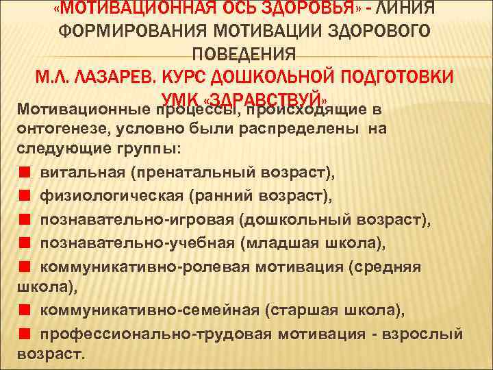  «МОТИВАЦИОННАЯ ОСЬ ЗДОРОВЬЯ» - ЛИНИЯ ФОРМИРОВАНИЯ МОТИВАЦИИ ЗДОРОВОГО ПОВЕДЕНИЯ М. Л. ЛАЗАРЕВ. КУРС