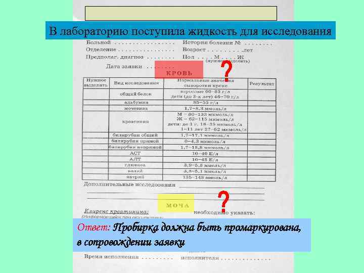 В лабораторию поступила жидкость для исследования Ответ: Пробирка должна быть промаркирована, в сопровождении заявки