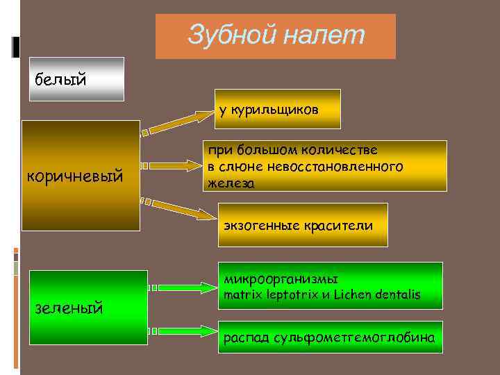 Зубной налет белый у курильщиков коричневый при большом количестве в слюне невосстановленного железа экзогенные