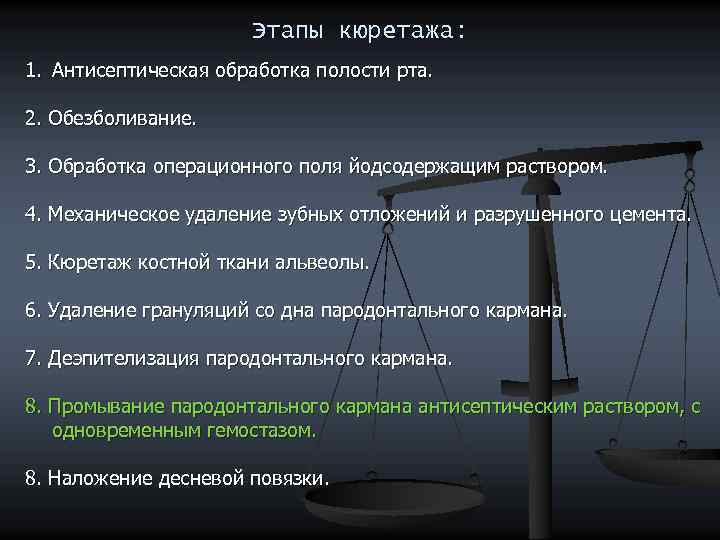 Этапы кюретажа: 1. Антисептическая обработка полости рта. 2. Обезболивание. 3. Обработка операционного поля йодсодержащим