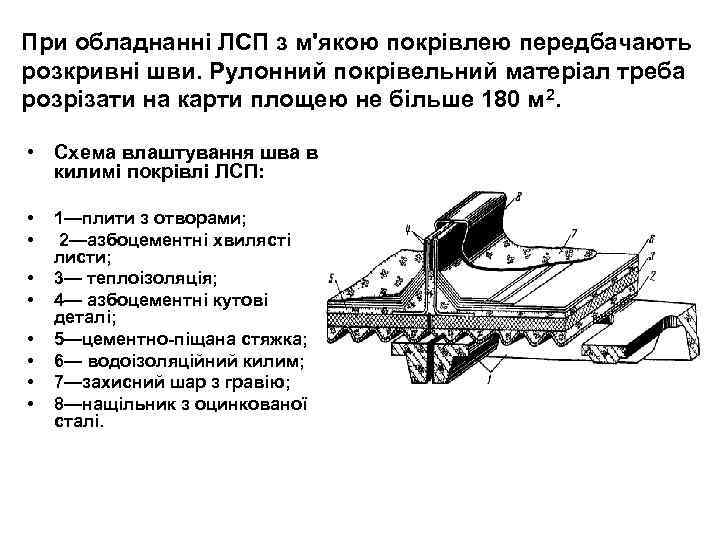 При обладнанні ЛСП з м'якою покрівлею передбачають розкривні шви. Рулонний покрівельний матеріал треба розрізати