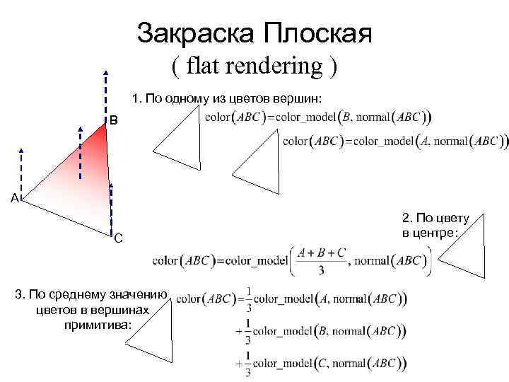 Закраска Плоская ( flat rendering ) 1. По одному из цветов вершин: B A