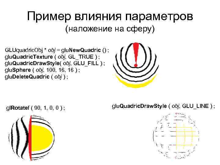 Пример влияния параметров (наложение на сферу) GLUquadric. Obj * obj = glu. New. Quadric