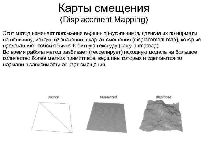 Карты смещения (Displacement Mapping) Этот метод изменяет положение вершин треугольников, сдвигая их по нормали