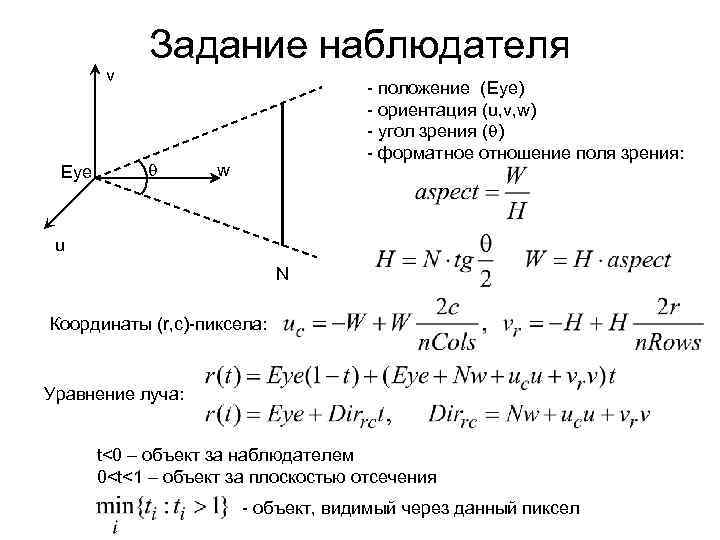 v Eye Задание наблюдателя q - положение (Eye) - ориентация (u, v, w) -