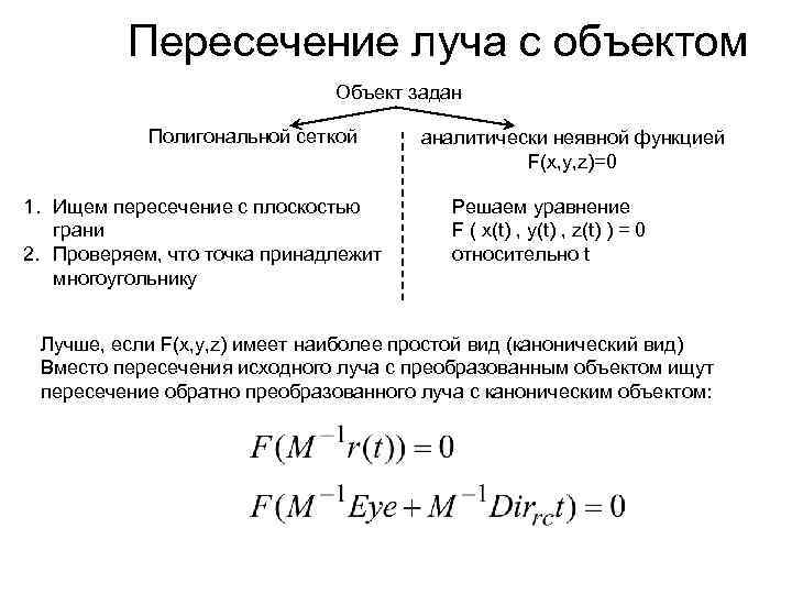 Пересечение луча с объектом Объект задан Полигональной сеткой 1. Ищем пересечение с плоскостью грани