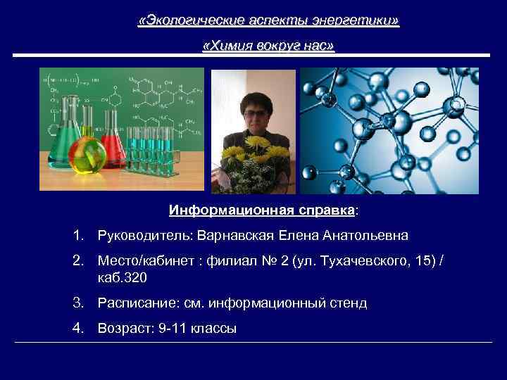  «Экологические аспекты энергетики» «Химия вокруг нас» Информационная справка: 1. Руководитель: Варнавская Елена Анатольевна