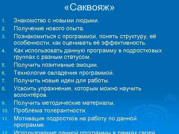  «Саквояж» Знакомство с новыми людьми. 2. Получение нового опыта. 3. Познакомиться с программой,