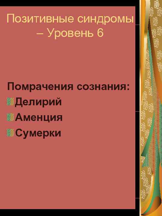 Позитивные синдромы – Уровень 6 Помрачения сознания: Делирий Аменция Сумерки 