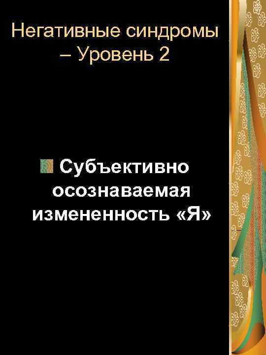 Негативные синдромы – Уровень 2 Субъективно осознаваемая измененность «Я» 