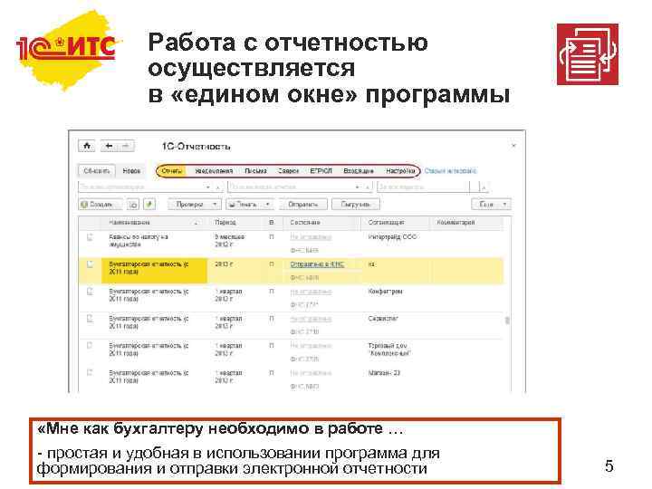 Работа с отчетностью осуществляется в «едином окне» программы «Мне как бухгалтеру необходимо в работе