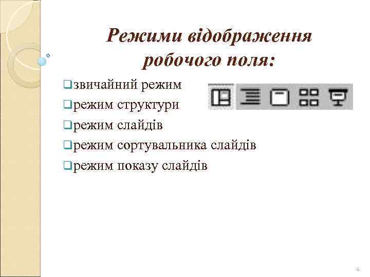 Режими відображення робочого поля: qзвичайний режим qрежим структури qрежим слайдів qрежим сортувальника слайдів qрежим