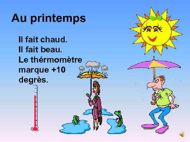 Au printemps Il fait chaud. Il fait beau. Le thérmomètre marque +10 degrès. 