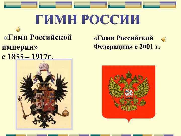  «Гимн Российской империи» с 1833 – 1917 г. «Гимн Российской Федерации» с 2001