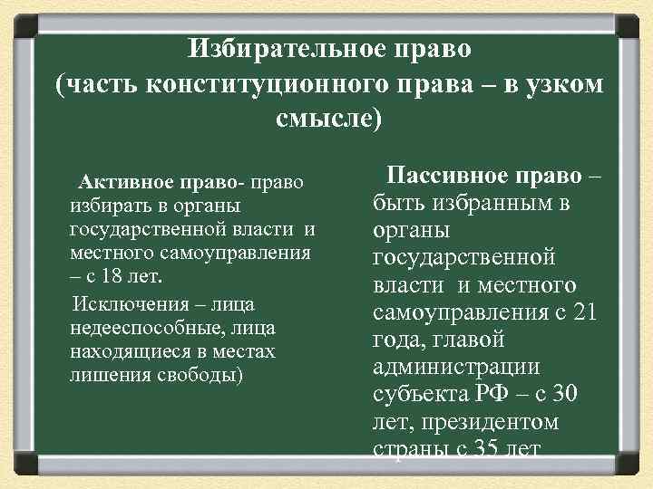 Избирательное право (часть конституционного права – в узком смысле) Активное право- право избирать в