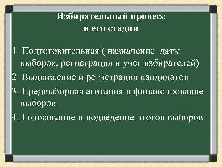 Избирательный процесс и его стадии 1. Подготовительная ( назначение даты выборов, регистрация и учет