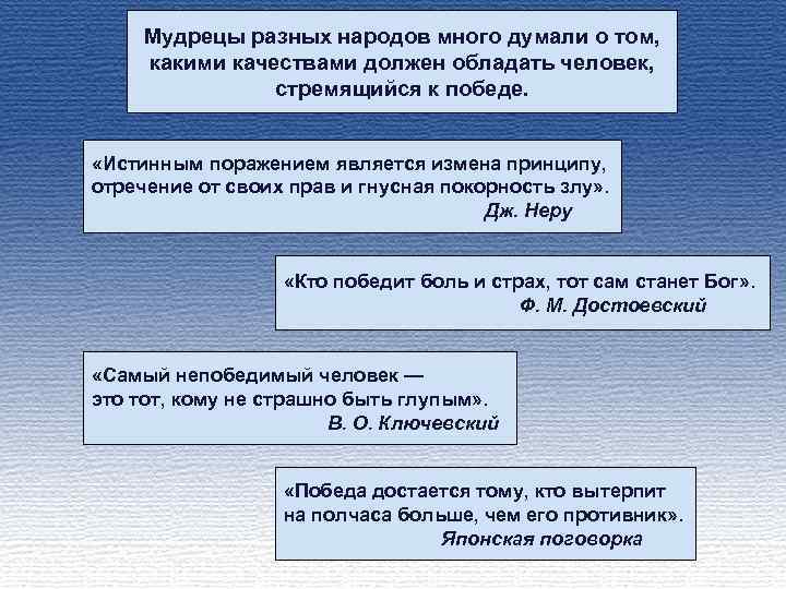 Мудрецы разных народов много думали о том, какими качествами должен обладать человек, стремящийся к