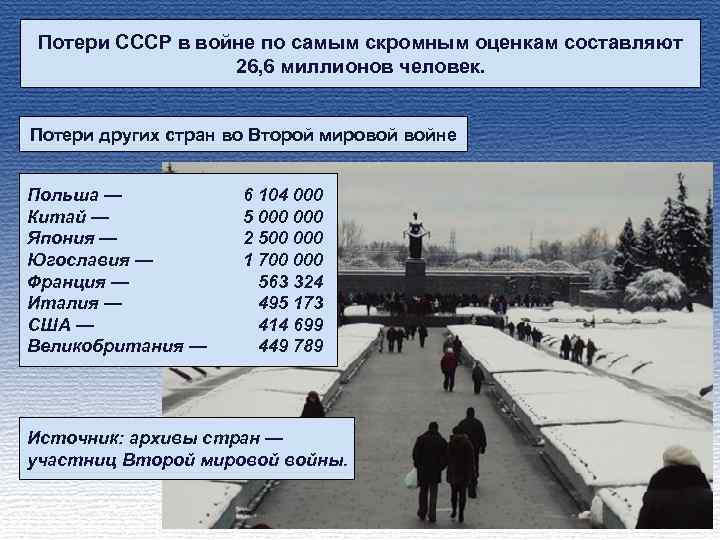Потери СССР в войне по самым скромным оценкам составляют 26, 6 миллионов человек. Потери