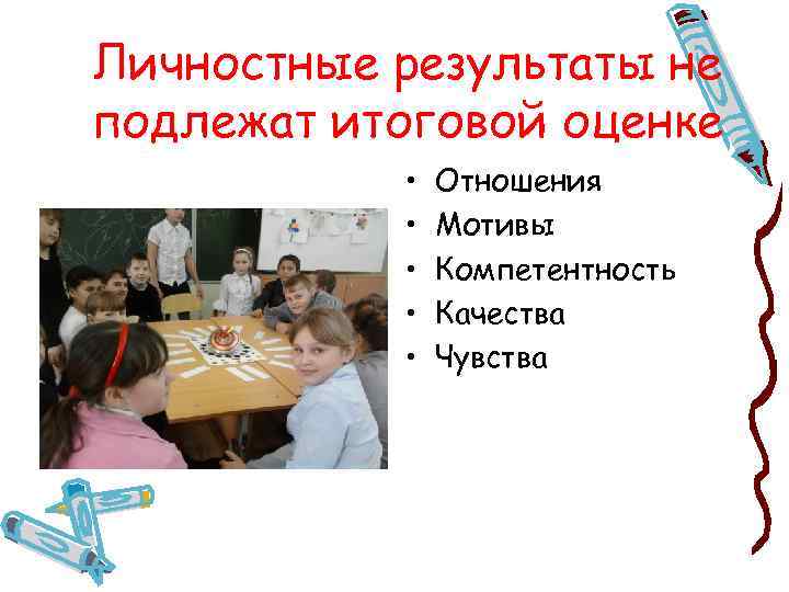 Личностные результаты не подлежат итоговой оценке • • • Отношения Мотивы Компетентность Качества Чувства