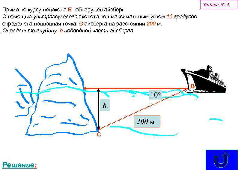 Прямо по курсу ледокола В обнаружен айсберг. С помощью ультразвукового эхолота под максимальным углом