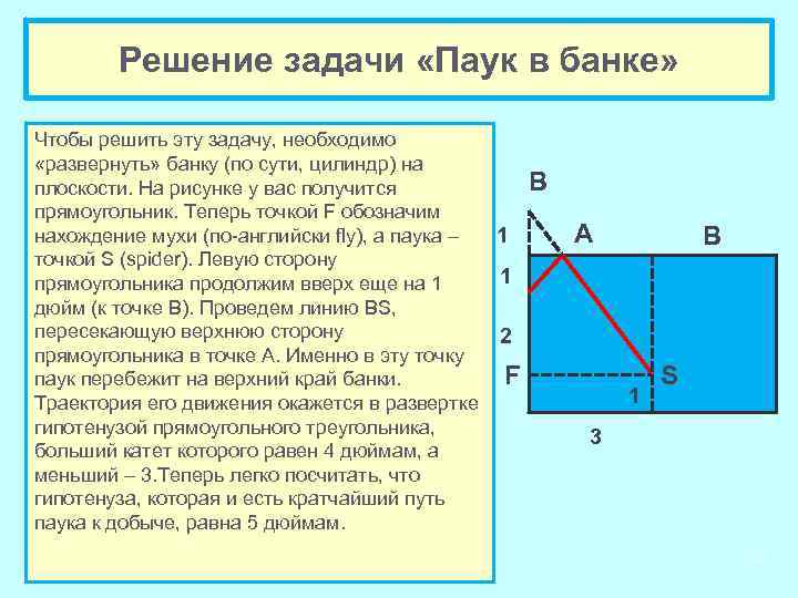 Решение задачи «Паук в банке» Чтобы решить эту задачу, необходимо «развернуть» банку (по сути,