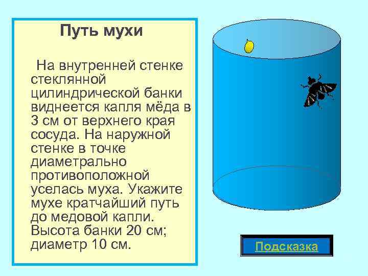 Путь мухи На внутренней стенке стеклянной цилиндрической банки виднеется капля мёда в 3 см