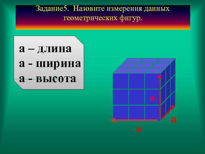 Задание 5. Назовите измерения данных геометрических фигур. а – длина а - ширина а