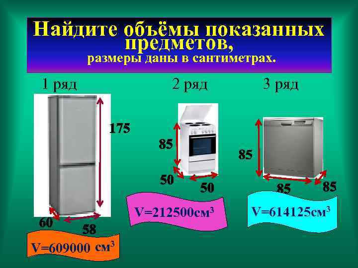 Найдите объёмы показанных предметов, размеры даны в сантиметрах. 1 ряд 2 ряд V=212500 см