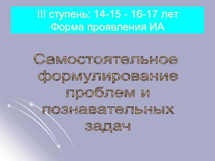 III ступень: 14 -15 - 16 -17 лет Форма проявления ИА 