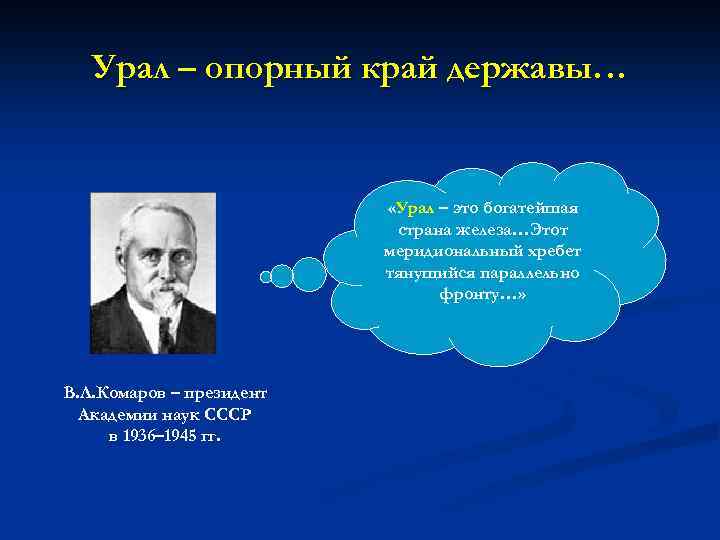 Урал – опорный край державы… «Урал – это богатейшая страна железа…Этот меридиональный хребет тянущийся